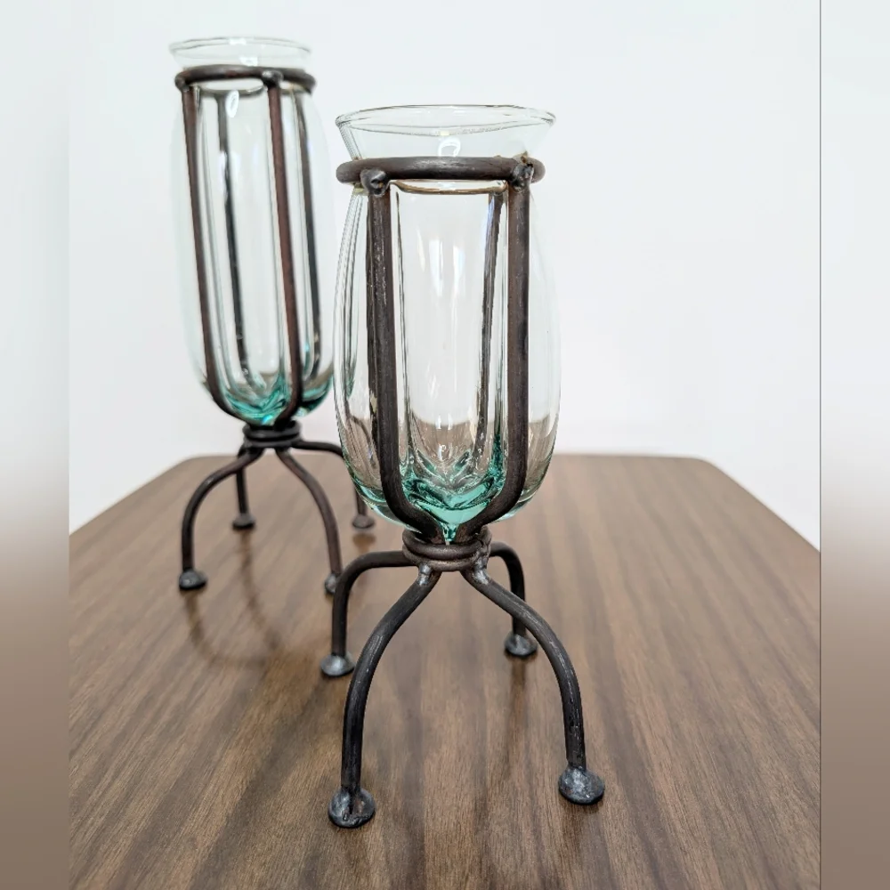 Pair Of Blown Caged Glass & Wrought Iron Metal Footed Vases Industrial Brutalist